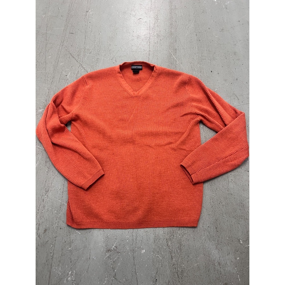 Jantzen Sweater Mens Medium Red 100% Wool Ribbed Knit V-Neck Long Sleeve Cozy‎